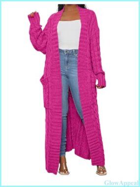 Women's Extra Long Cable Knit Open Front Cardigan Sweater Coat w/ Pockets